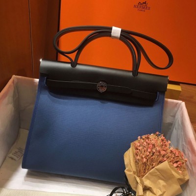 Hermes Herbag Zip 31cm Bag In Black And Blue