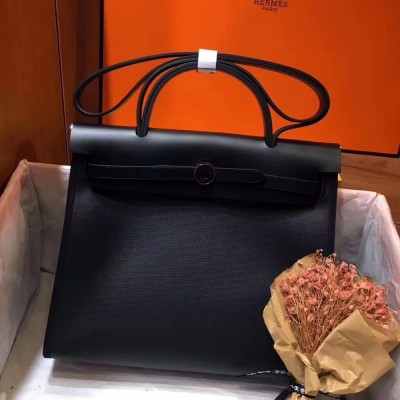 Hermes Herbag Zip 31cm Bag In Black Leather And Toile