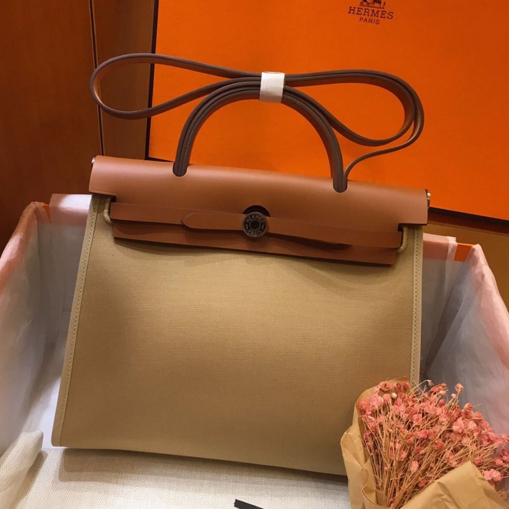 Hermes Herbag Zip 31cm Bag In Brown And Beige