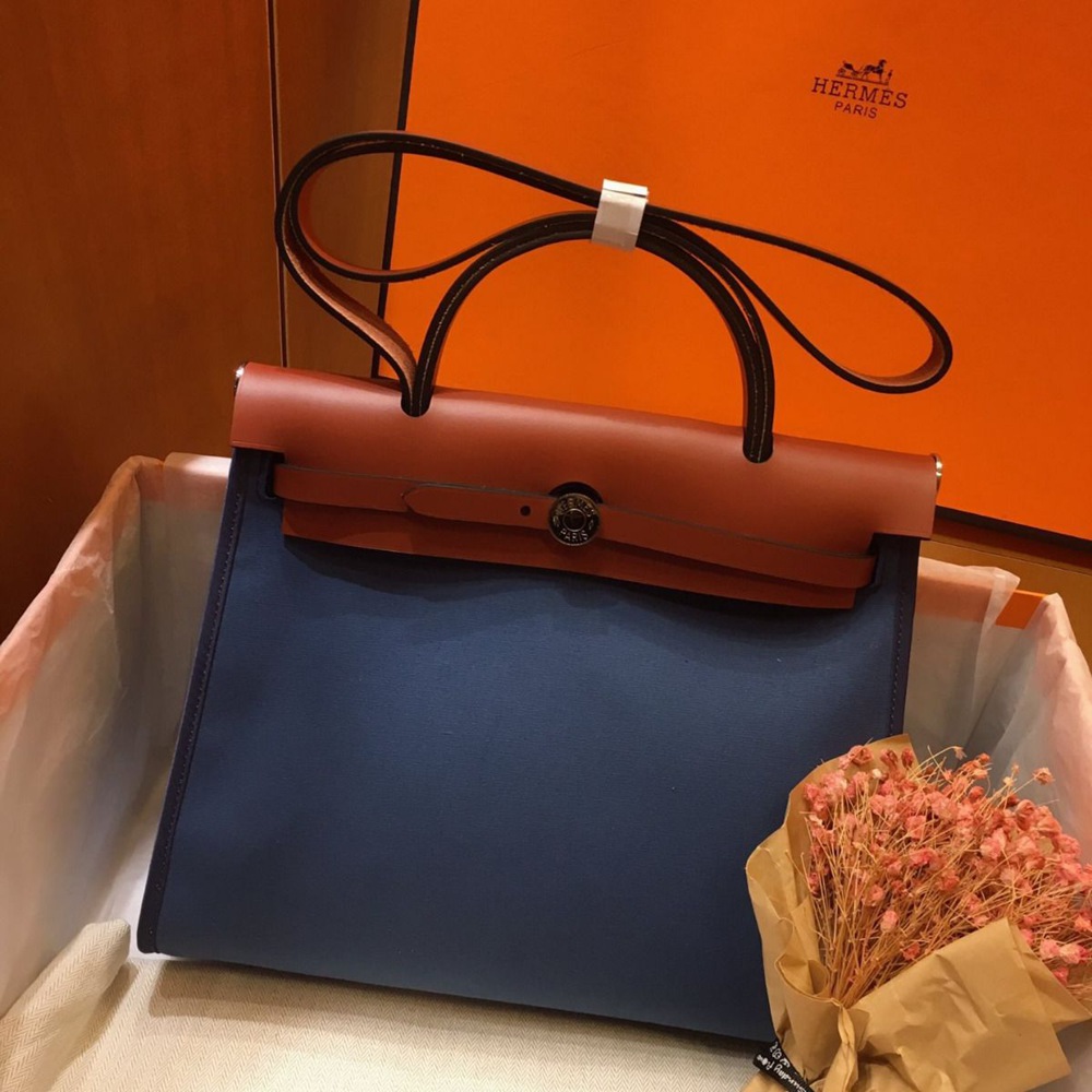 Hermes Herbag Zip 31cm Bag In Camel And Blue