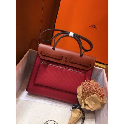 Hermes Herbag Zip 31cm Bag In Camel And Bordeaux