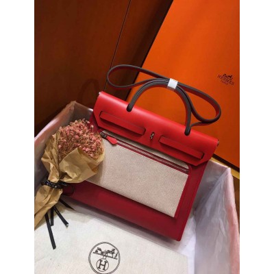 Hermes Herbag Zip 31cm Bag In Red Toile And Leather