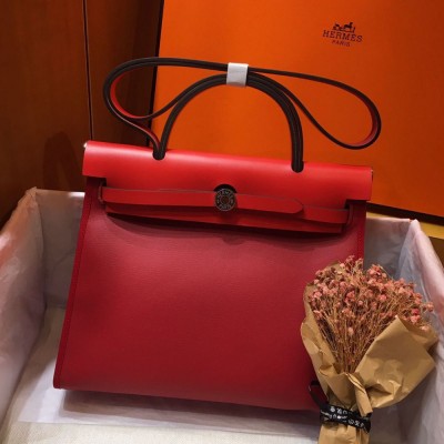 Hermes Herbag Zip 31cm Bag In Red Toile And Leather