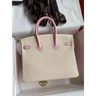 Hermes HSS Birkin 25 Bicolor Bag in Craie and Pink Chevre Mysore Leather