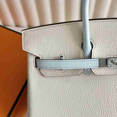 Hermes HSS Birkin 25 Bicolor Bag in Nata and Blue Brume Chevre Mysore Leather