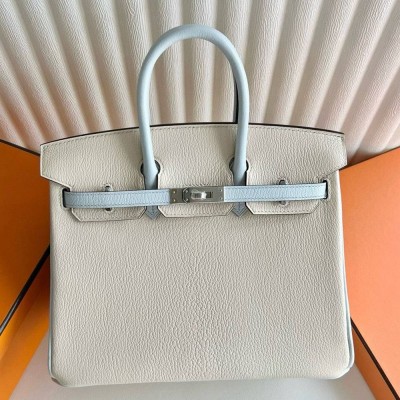 Hermes HSS Birkin 25 Bicolor Bag in Nata and Blue Brume Chevre Mysore Leather