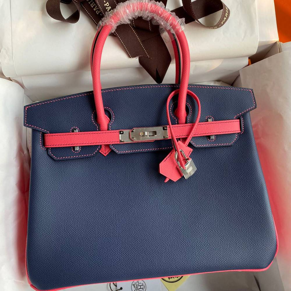 Hermes HSS Birkin 30 Bicolor Bag in Blue Saphir and Rose Lipstick Epsom Calfskin