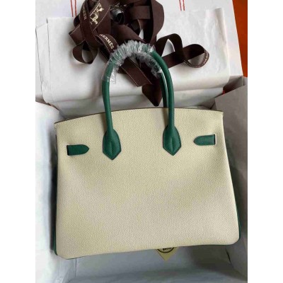 Hermes HSS Birkin 30 Bicolor Bag in Craie and Malachite Epsom Calfskin