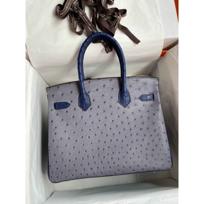 Hermes HSS Birkin 30 Bicolor Bag in Gris Agate and Blue Iris Ostrich Leather