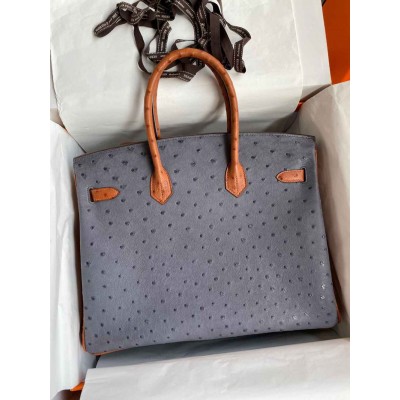 Hermes HSS Birkin 35 Bicolor Bag in Gris Agate and Gold Ostrich Leather