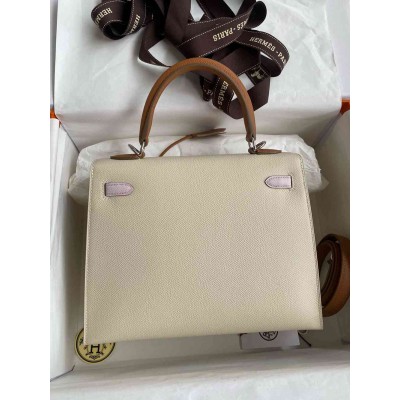 Hermes HSS Kelly 25 Sellier Bag in Craie/Gold/Mauve Pale Epsom Calfskin