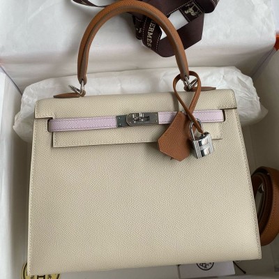 Hermes HSS Kelly 25 Sellier Bag in Craie/Gold/Mauve Pale Epsom Calfskin