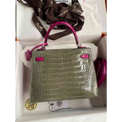 Hermes HSS Kelly 25 Sellier Bag in Taupe and Scheherazade Niloticus Crocodile Shiny Skin