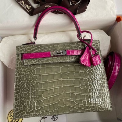 Hermes HSS Kelly 25 Sellier Bag in Taupe and Scheherazade Niloticus Crocodile Shiny Skin