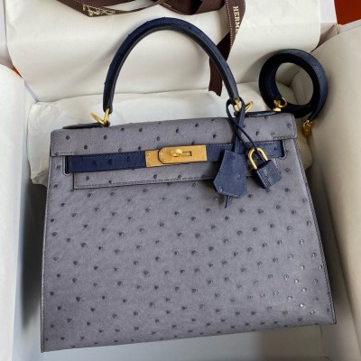 Hermes HSS Kelly 28 Bicolor Bag in Gris Agate and Blue Iris Ostrich Leather