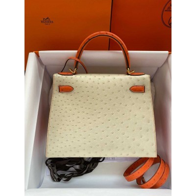 Hermes HSS Kelly 28 Bicolor Bag in Parchemin and Orange Ostrich Leather