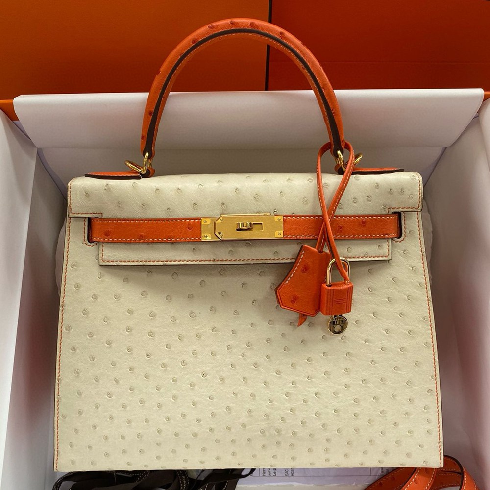 Hermes HSS Kelly 28 Bicolor Bag in Parchemin and Orange Ostrich Leather