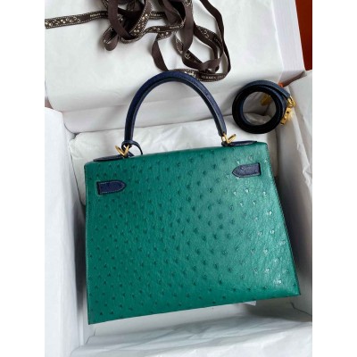 Hermes HSS Kelly 28 Bicolor Bag in Vert Vertigo and Blue Iris Ostrich Leather