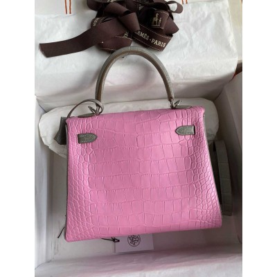 Hermes HSS Kelly 28 Retourne Bag in Pink and Grey Alligator Leather