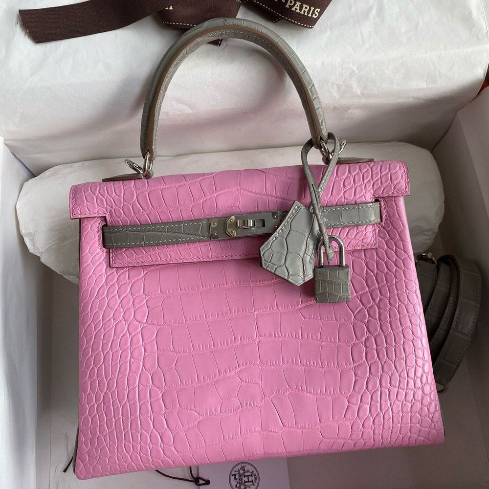 Hermes HSS Kelly 28 Retourne Bag in Pink and Grey Alligator Leather