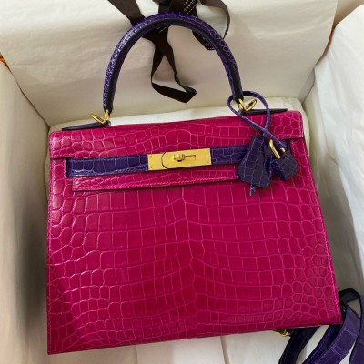 Hermes HSS Kelly 28 Sellier Bag in Scheherazade and Purple Niloticus Crocodile Shiny Skin