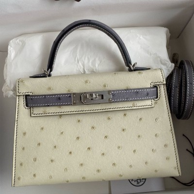 Hermes HSS Kelly Mini II Sellier Handmade Bag in Beton and Gris Agate Ostrich Leather