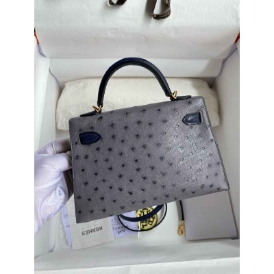 Hermes HSS Kelly Mini II Sellier Handmade Bag in Gris Agate and Blue Iris Ostrich Leather