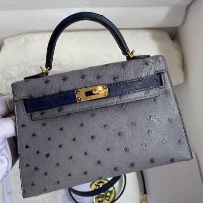 Hermes HSS Kelly Mini II Sellier Handmade Bag in Gris Agate and Blue Iris Ostrich Leather