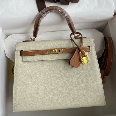 Hermes HSS Kelly Sellier 25 Bicolor Bag in Craie and Gold Epsom Calfskin