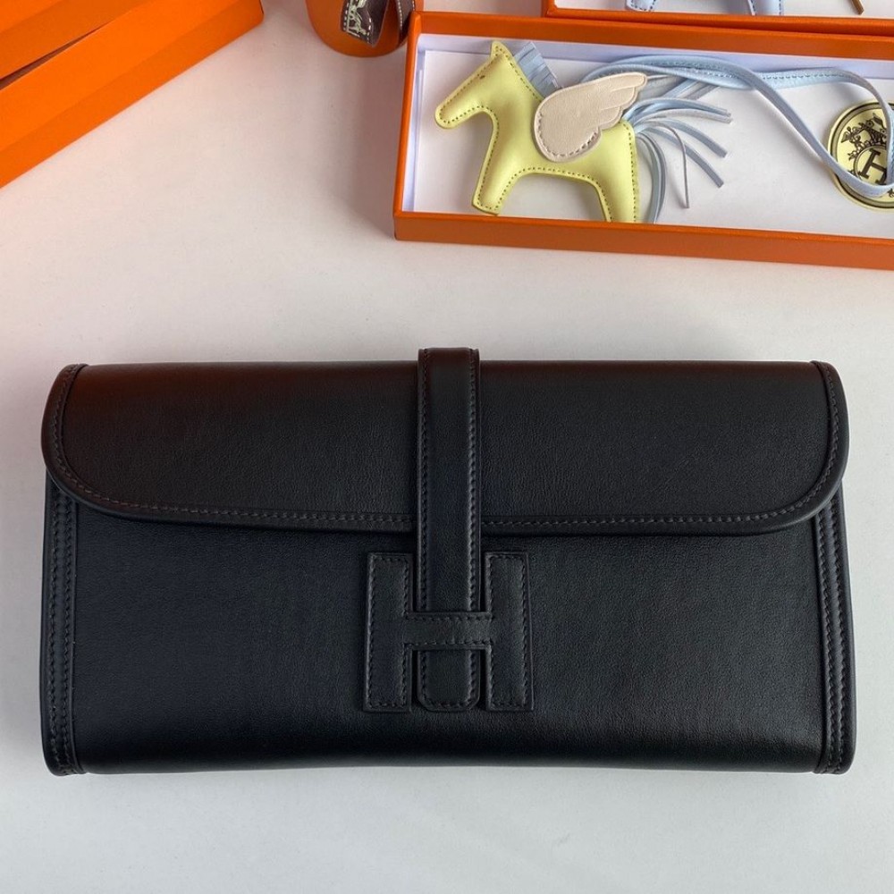 Hermes Jige Elan 29 Clutch Bag In Black Swift Calfskin