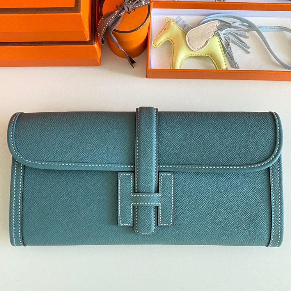 Hermes Jige Elan 29 Clutch Bag In Blue Jean Epsom Leather