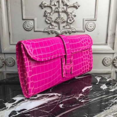 Hermes Jige Elan 29 Clutch In Rose Red Crocodile Leather