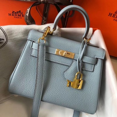 Hermes Kelly 20cm Bag In Blue Lin Clemence Leather GHW