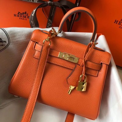 Hermes Kelly 20cm Bag In Orange Clemence Leather GHW