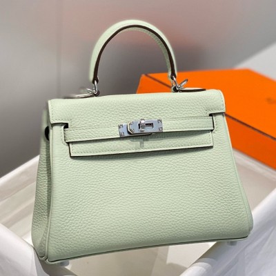 Hermes Kelly 20cm Bag In Vert Fizz Clemence Leather PHW