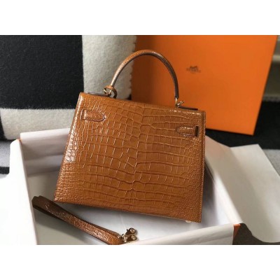 Hermes Kelly 25cm Handmade Bag In Brown Embossed Crocodile Leather