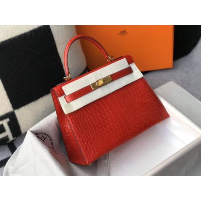 Hermes Kelly 25cm Handmade Bag In Red Embossed Crocodile Leather