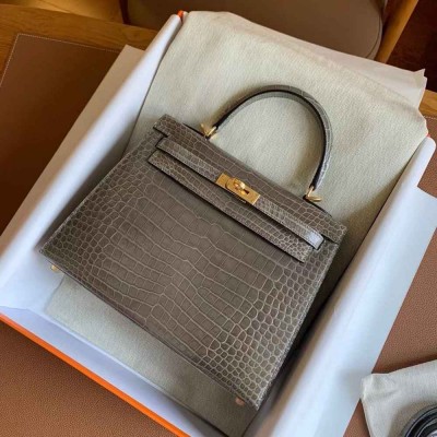 Hermes Kelly 25 Handmade Bag in Tourterelle Porosus Crocodile Shiny Skin