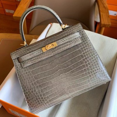 Hermes Kelly 25 Handmade Bag in Tourterelle Porosus Crocodile Shiny Skin