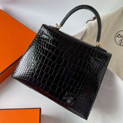 Hermes Kelly 25 Sellier Handmade Bag in Black Shiny Alligator Leather