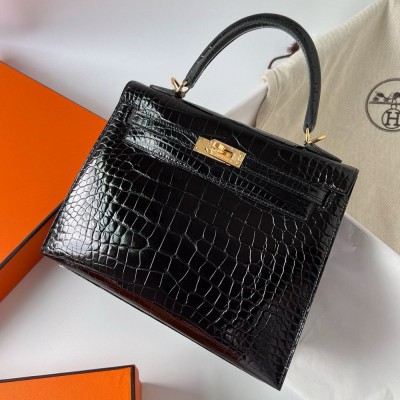 Hermes Kelly 25 Sellier Handmade Bag in Black Shiny Alligator Leather