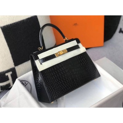 Hermes Kelly 25cm Handmade Bag In Black Embossed Crocodile Leather