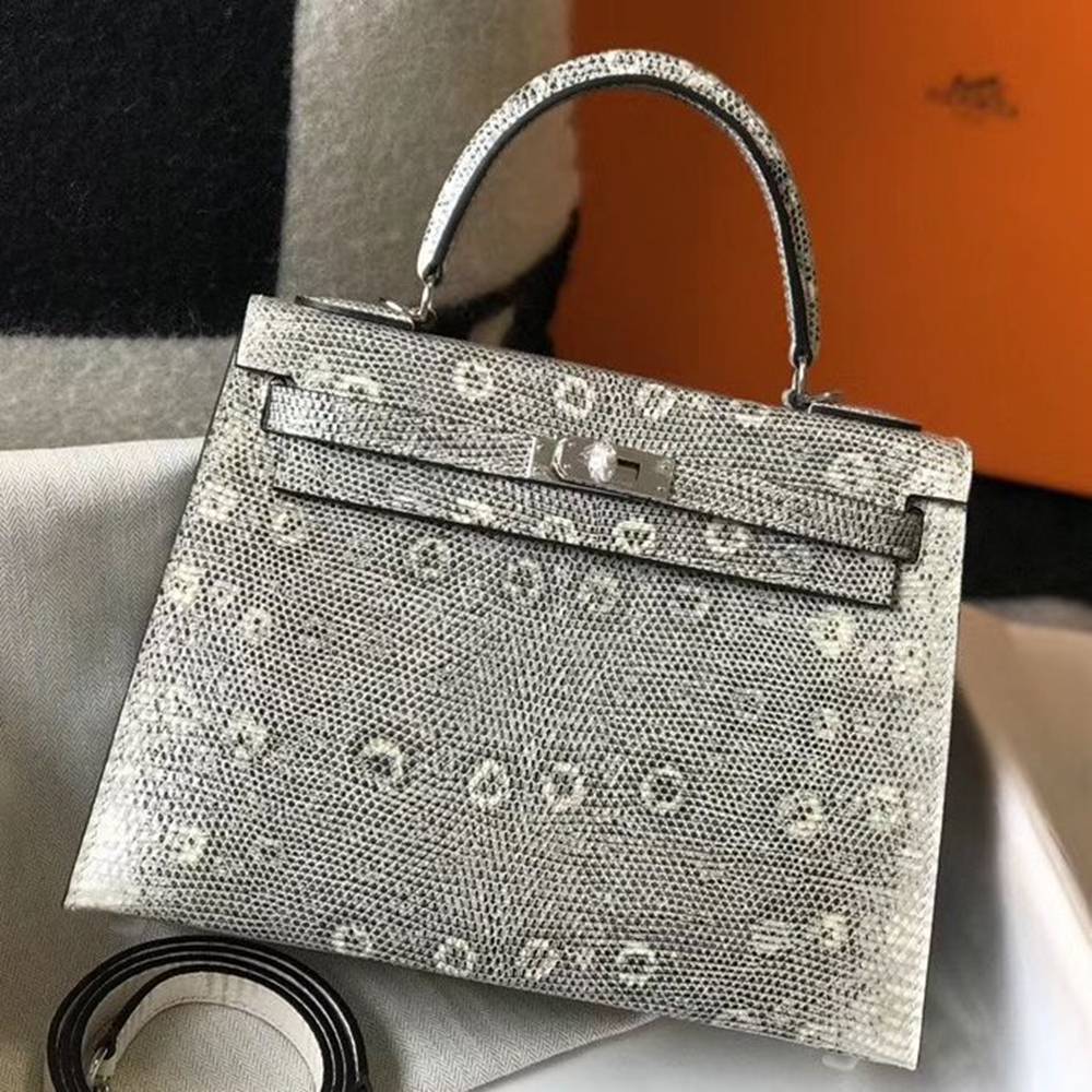 Hermes Kelly 25cm Handmade Bag In Ombre Embossed Natural Lizard