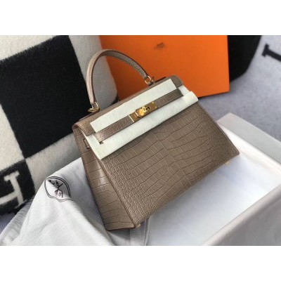 Hermes Kelly 25cm Handmade Bag In Taupe Embossed Crocodile Leather