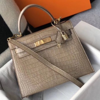 Hermes Kelly 25cm Handmade Bag In Taupe Embossed Crocodile Leather