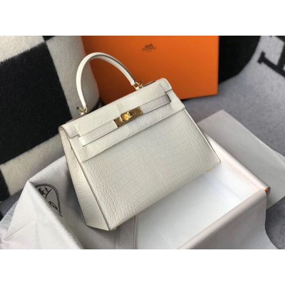 Hermes Kelly 25cm Handmade Bag In White Embossed Crocodile Leather