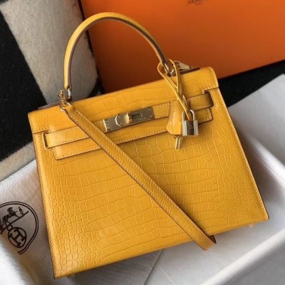 Hermes Kelly 25cm Handmade Bag In Yellow Embossed Crocodile Leather