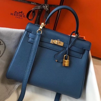 Hermes Kelly 25cm Retourne Bag In Agate Blue Clemence Leather