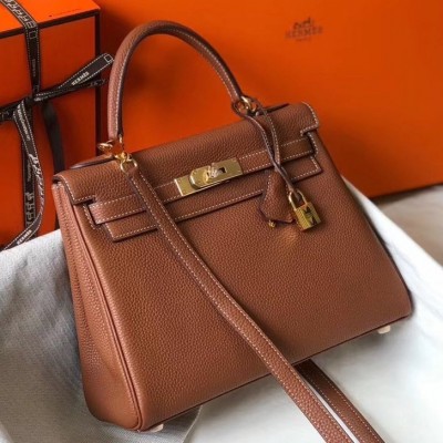 Hermes Kelly 25cm Retourne Bag In Gold Clemence Leather