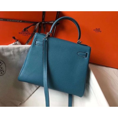 Hermes Kelly 25cm Retourne Bag In Blue Jean Clemence Leather